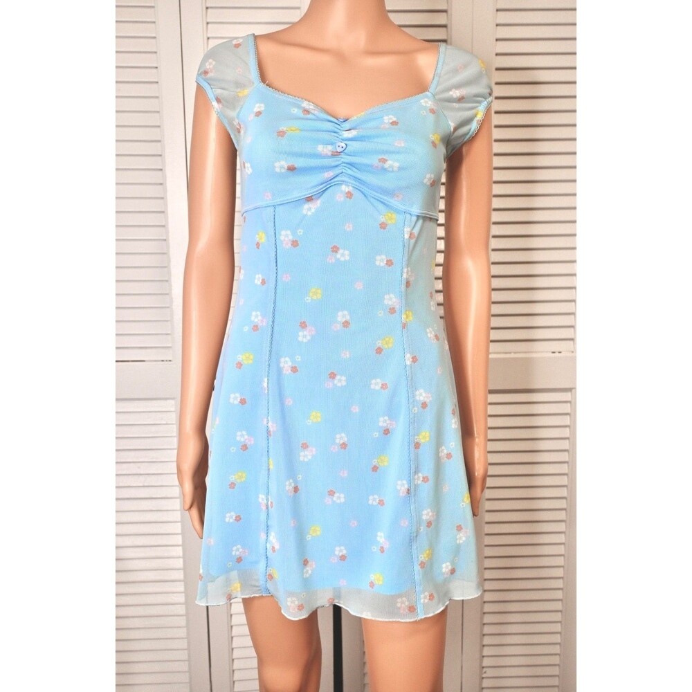 Forever 21 Blue Floral Mesh Mini Dress Small Ruched Tie Back Y2K Fairy